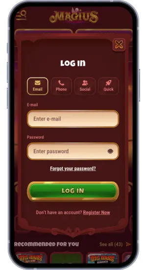 Magius app login screen