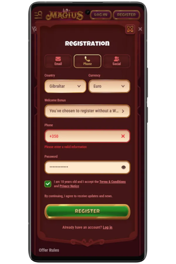 Register account at Magius Casino
